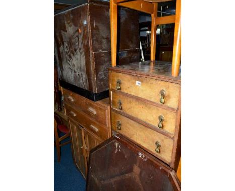 AN EDWARDIAN WALNUT CHEST, of four drawers, a painted two door cabinet, four metal framed stools, a leatherette stool, a tea 