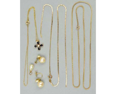 A SELECTION OF JEWELLERY, to include a pair of imitation pearl earrings, an imitation pearl pendant, two chains (one a/f) and