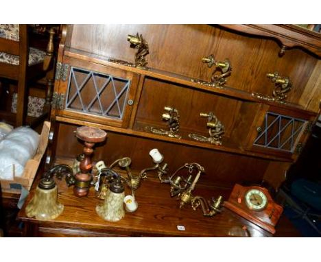 A PAIR OF BRASS CEILING LIGHTS, five matching wall lights, another ceiling light complete with eleven shades and a mantle clo