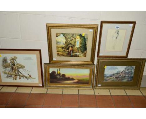 FIVE VARIOUS PICTURES to include nude sketch, signed M.F.Codner, approximate size 15cm x 20cm, an unsigned oil on board, cott