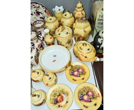 AYNSLEY 'ORCHARD GOLD', some signed D Jones, to include storage jars, vases and teapot, etc, some seconds, green and pink bac