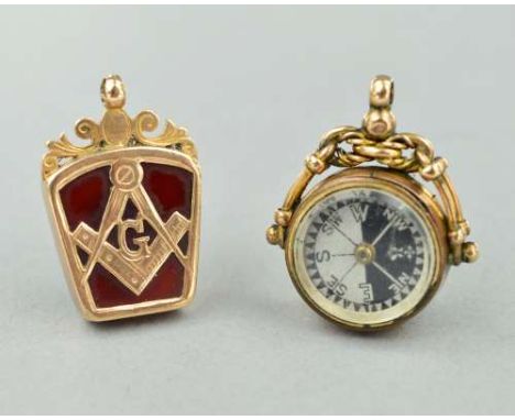 TWO EARLY 20TH CENTURY FOBS, the first with a compass to one side and bloodstone to the other, hallmarked Birmingham 1903, ap