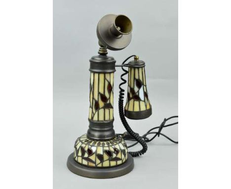 A TIFFANY STYLE NOVELTY TABLE LAMP, shaped as a candlestick telephone from Fine Light manufacturers, approximate size 41cm