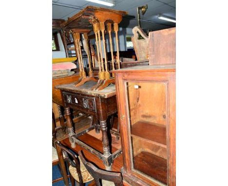 A 20TH CENTURY GEORGIAN STYLE CARVED OAK SIDE TABLE, with a single drawer, a Victorian display/music cabinet (sd) and a nest 