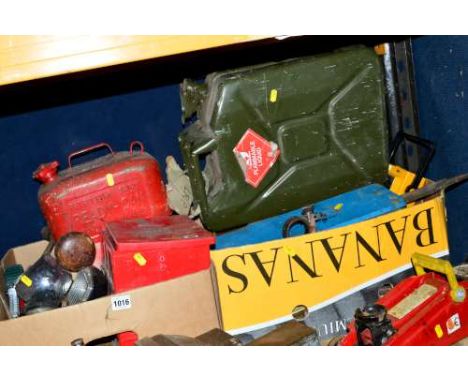 TWO BOXES OF AUTOMOTIVE TOOLS AND PARTS, a trolley jack and two petrol cans