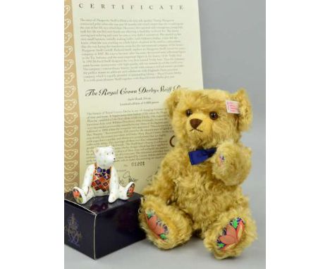 A BOXED LIMITED EDITION 'THE ROYAL CROWN DERBY STEIFF BEAR', No 01201/2500, No 661464, dark blonde mohair, fully jointed, wea