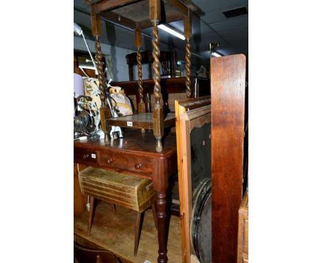 AN OAK GLAZED TWO DOOR BOOKCASE TOP, a mahogany open bookcase, an oak occasional table, a sewing box, an oak tall boy, a two 