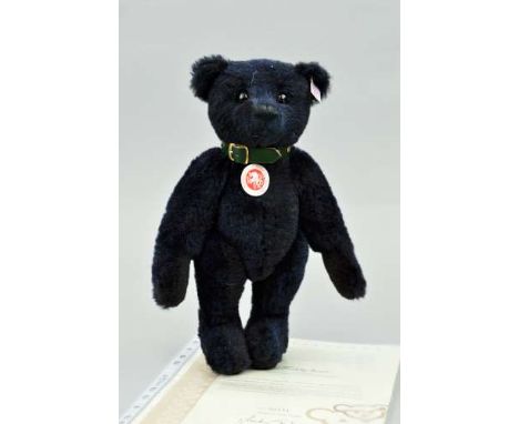 A BOXED LIMITED EDITION ALPACA TEDDY BEAR, No 1111/2007, No 038280, blue mohair, wearing leather collar decorated with nine g