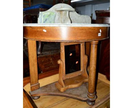 AN EARLY 20TH CENTURY OAK DEMI LUNE MARBLE TOPPED WASHSTAND (sd), together with a Georgian bow front hanging corner cabinet a