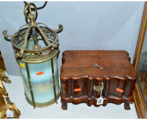 A WORK BOX, with fitted interior, on paw feet (one missing), with key, together with a brass framed ceiling light, with vasel