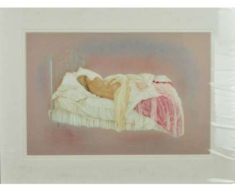 KAY BOYCE (BRITISH CONTEMPORARY) 'A MIDSUMMER NIGHTS DREAM', a limited edition print 90/295 of a woman lying on a bed, signed