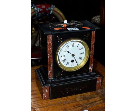 A SLATE AND MARBLE MANTLE CLOCK, with circular dial and Roman numerals (two winding keys)