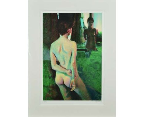 ROLF HARRIS (AUSTRALIAN - CONTEMPORARY) 'MIRRORED IMAGE', a limited edition print 144/695 of a nude woman looking in a mirror