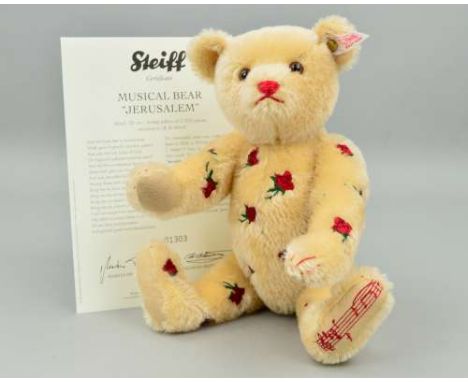 A BOXED LIMITED EDTION STEIFF 'MUSICAL BEAR 'JERUSALEM'', No 01303/2000, No 663017, blonde mohair, embroidered English Rose, 