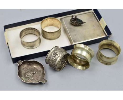 A SELECTION OF SILVERWARE, to include an early 20th Century silver cigarette case with engine turned decoration, hallmarked B