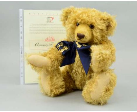 A BOXED LIMITED EDITION STEIFF CENTENARY TEDDY BEAR, 1902 to 2002, limited edition No 6628, No 670985, blonde, curly mohair, 