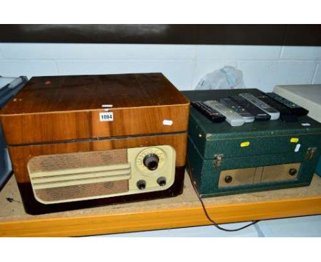 A VINTAGE RECORD PLAYER, with a Collard Conquest turntable in cream and burgundy, together with a Ferguson record player, a r