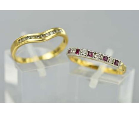 TWO HALF ETERNITY RINGS, the  first designed as a V shape, channel set with eleven modern round brilliant cut diamonds, stamp