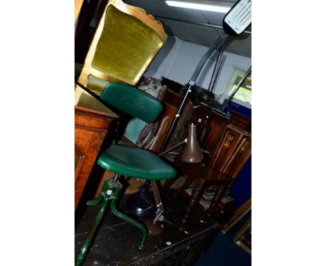 A TAN SAD INDUSTRIAL OFFICE SWIVEL CHAIR, an angle poise style lamps and another lamp (3)