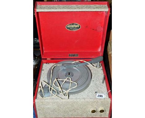 A DANSETTE POPULAR RECORD PLAYER, in red and beige finish, badge to inner lid, approximately 32cm x 28cm x 16cm (no plug so u
