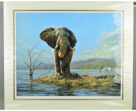 TONY FORREST (BRITISH 1961) 'GUARDIAN OF THE LAKE', a limited edition print 100/195 of an Elephant, signed and numbered in pe