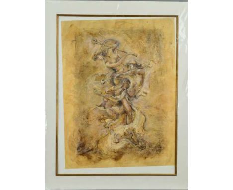JOY KIRTON-SMITH (BRITISH CONTEMPORARY) 'THE PIPERS', a limited edition print 190/250 of a scantily clad women playing musica