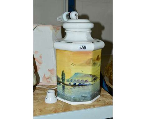 A HAND PAINTED LAMP BASE SIGNED D.BROWNSWORD, dated 1986, painted with a continental lake scene, height excluding shade appro