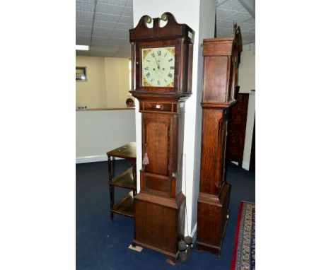 A GEORGE III OAK AND MAHOGANY BANDED LONGCASE CLOCK, 8 day movement, the painted dial with subsidiary date aperture and secon