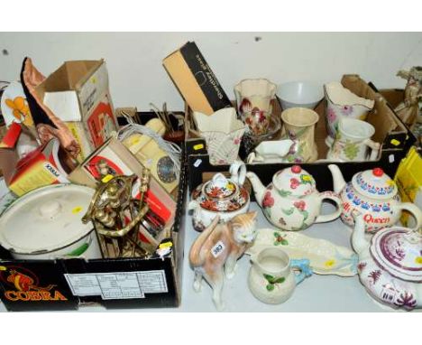 TWO BOXES AND LOOSE CERAMICS, GLASSWARES, METALWARES ETC, to include Goldscheide with Myott Cat, Shorter & Son, Avon ware, De