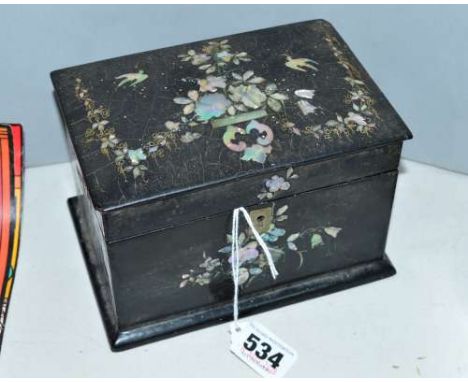 A PAPIER MACHE MOTHER OF PEARL INLAID TEA CADDY, fitted interior, approximate width 16cm (missing knob on one interior lid)