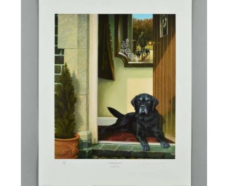 NIGEL HEMMING (BRITISH 1957) 'FRIENDS REUNITED', a limited edition print 225/300 of a Black Labrador, signed and numbered in 