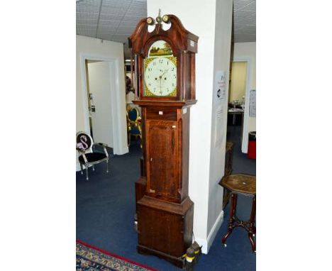 A GEORGE III OAK, MAHOGANY AND INLAID LONGCASE CLOCK, 8 day movement, the painted dial with an arched top of a landscape with