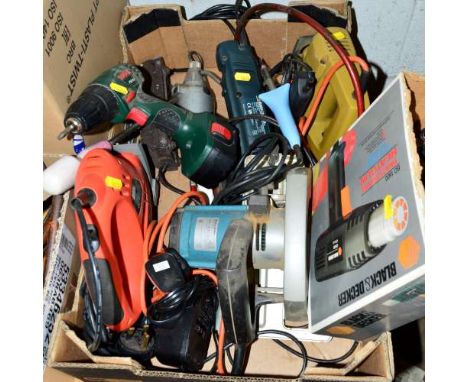 A TRAY OF POWER AND HANDTOOLS, and two Workmates Power tools, to include a vintage die grinder with treadle trigger, Black &a