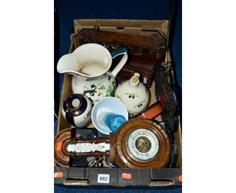 A BOX OF SUNDRY ITEMS, to include a barometer, a Pentax ME Super camera with 50mm 1.7 lens, pipe smokers wooden cabinet, Maso