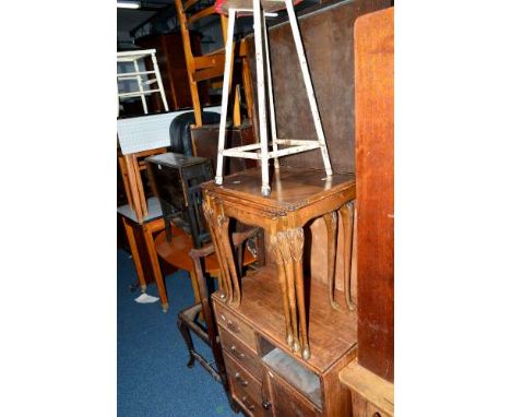 A MODERN CABINET, with four drawers, an oak Sutherland table, a mahogany nest of three tables and a metal framed stool (4)