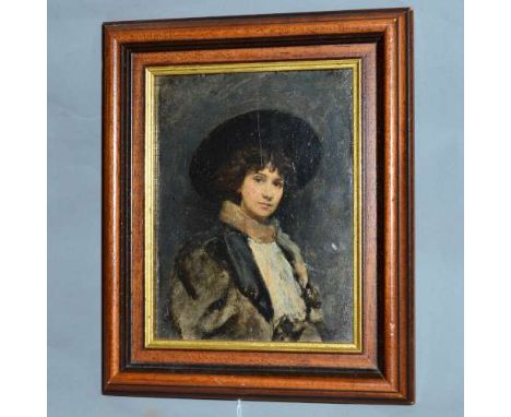 AN EARLY 20TH CENTURY OIL ON BOARD PAINTING OF A LADY WEARING A HAT AND COAT, unsigned with a later frame, approximate size 1