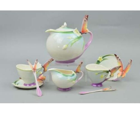 FRANZ PORCELAIN BUTTERFLY HANDLED TEAWARES, to include teapot, milk jug, two cups and saucers and two teaspoons