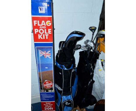 A DUNLOP GOLF BAG WITH CLUBS, golf trolly and a boxed united kingdom flag 