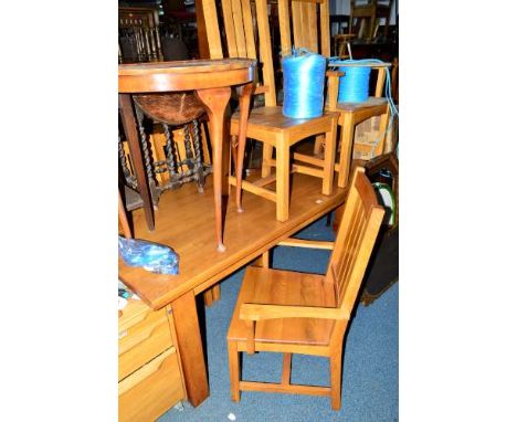 A LARGE LIGHT OAK REFECTORY TABLE, approximate size width 200cm x depth 101cm x height 80cm, together with six chairs includi