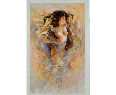 GARY BENFIELD (BRITISH 1965), a limited edition hand embellished print on canvas 23/100 of a scantily dressed woman in three 