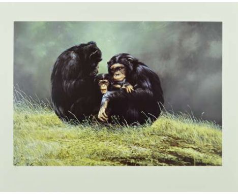 SPENCER HODGE (BRITISH 1943) 'FAMILY PORTRAIT', a limited edition print 43/350 of a family of Chimpanzees, signed and numbere