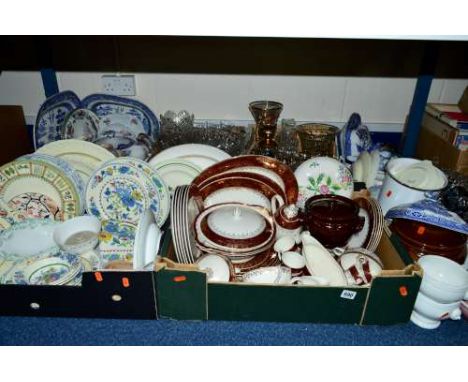 SIX BOXES AND LOOSE CERAMICS, GLASS ETC, to include Masons 'Strathmore', Spode, J & G Meakin 'Sol' Dinnerwares, blue and whit