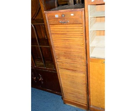 A 20TH CENTURY OAK ROLL FRONT FILING CABINET, approximate width 41.5cm x height 142cm x depth 37cm (sd, alterations)