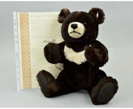 A BOXED LIMITED EDITION STEIFF 'MOON TED', No 01322/2000, No 662423, dark brown with crescent moon shape on chest which led t