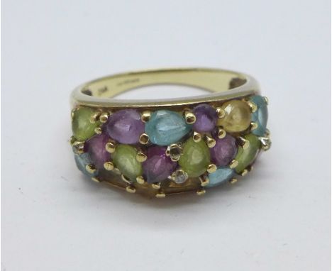 A 9ct gold and multi coloured stone set ring, stones missing, 3.3g, N
