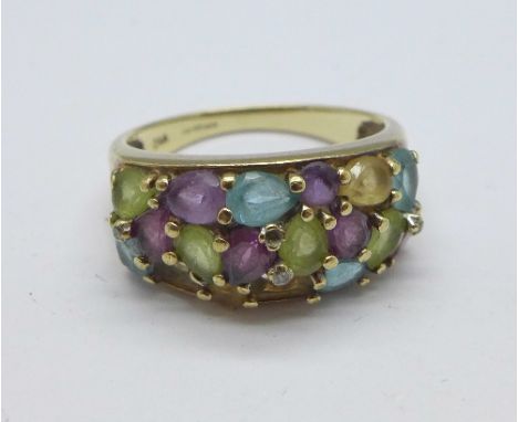 A 9ct gold and multi coloured stone set ring, stones missing, 3.3g, N