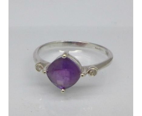 A 9ct gold, diamond and faceted amethyst ring, 1.7g, M