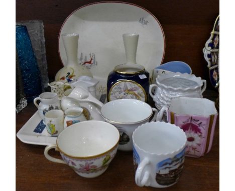 A collection of porcelain and pottery including Goss, Hornsea, Carlton Ware, an early Royal Worcester cup, Beswick, Crown Dev