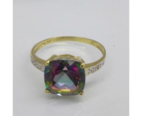 A 9ct gold, mystic topaz and diamond ring, 1.6g, L