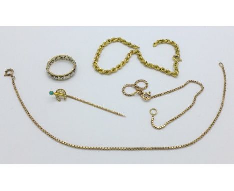 Three 9ct gold bracelets, one a/f, a 9ct gold ring and a yellow metal stick pin, 9.9g